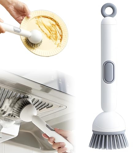Soap Dispensing Dish Brush, 2025 Upgraded Washing Up Brushes with Liquid Dispenser, 6-Level Adjustable Handle & Refillable PET Scrub Head, Kitchen Brush for Pot Pan Sink Cleaning (White)