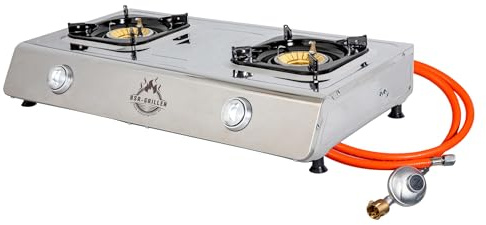 BSR-Grillen Gaskocher Edelstahl Campingkocher mit insg. 9,9 kW Leistung, Piezozündung, Zündsicherung, 150 cm Gasschlauch, Druckminderer 50 mbar, Pfannenständer aus Emaille (2-flammig)