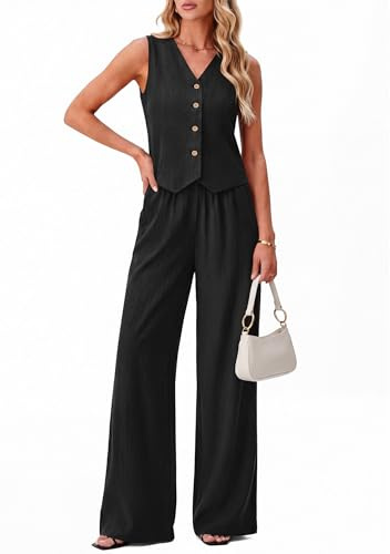 KIRUNDO Business Casual Outfits for Women Vest Tops Pant Suits Dressy 2 Piece Sets Summer Crop Blazer Wide Leg Work Pants(Black, X-Large)
