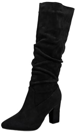 Wyongtao Stiefel Damen mit Absatz Schwarz Klassische Stiefel Reitstiefel Schnallen Schlupfstiefel Stiefelleten Flach Absatzschuhe Boots Weiter Schaft Flache Herbst Boots
