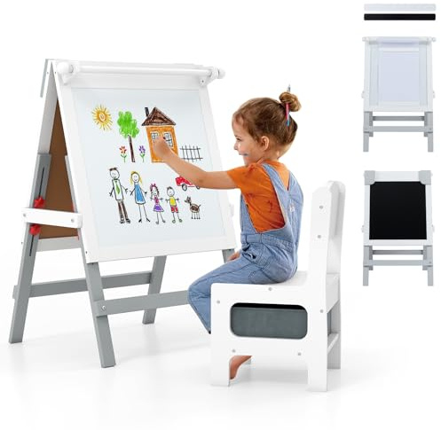 HOMASIS 3 in 1 Kindertafel mit Stuhl, doppelseitige Kinder Staffelei mit Papierrolle, Kreidetafel & Whiteboard, höhenverstellbare Spieltafel mit Aufbewahrungsbox, für Kinder ab 3 Jahren (Grau)