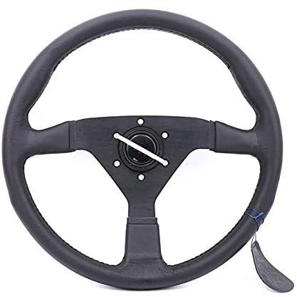 Volante Sportivo Auto,Volante da Corsa Ruote dello sterzo della deriva di cuoio genuino nero da 14 pollici / 350mm con cuciture nere