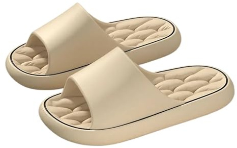 Massagetofflor damtofflor halkfria läckande badrum vardagliga strandskor för män mjuka sulor par platta sandaler (Khaki, 38-39)
