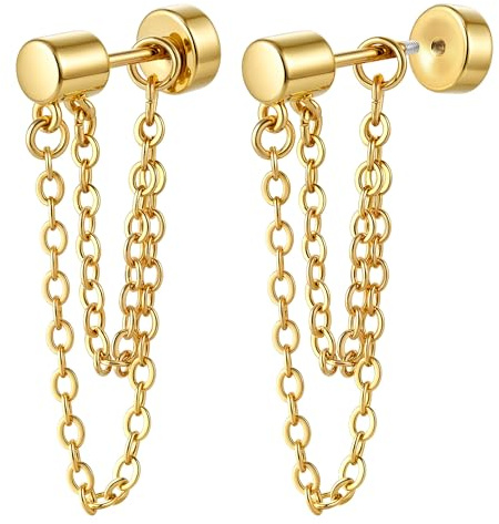 925 Sterling Silver Post Chain Dangle Flat Back Stud Earrings for Women | 1 Pairs 16K Gold Plated Silver Earrings Hypoallergenic Tragus Helix Cartilage Piercing Jewellery 20G 6mm