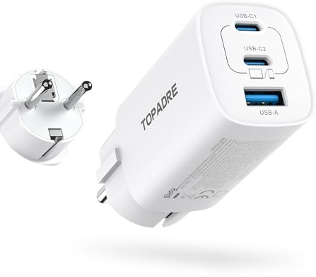 TOPADRE 65W USB C Charger, PD PPS Fast Charger, 3-Port USB C Power Adapter | USB C Fast UK Plug for MacBook Pro/Air, for iPhone 17/16/15, for iPad Air/Pro, for Galaxy S26/S25/S24, for Pixel 10/9. White