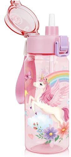 omedecal 550ml Tritan Plastic Water Bottle, Unicorn | BPA-Free · 2 in 1 Removable Straw or Direct Drink Water Bottle with Handle Strap for Sports · Pop-Up Lid