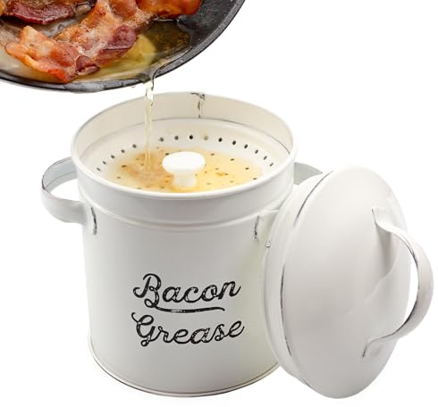 AuldHome Design Grease Container, White Enamelware Bacon Grease Can w/Strainer, Farmhouse Style, Keto-Friendly