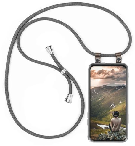 moex Handykette für Samsung Galaxy A50 / A30s Hülle mit Band abnehmbar, Handyhülle mit Kette zum Umhängen, Handyband 155 cm lang Stoff Kordel Umhängehülle, Handy Umhängeband, Grau