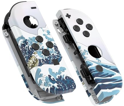 eXtremeRate The Great Wave Patterned Joy con Handheld Controller Housing with Full Set Buttons, Soft Touch Grip DIY Replacement Shell Case for Nintendo Switch Joycon & Switch OLED Joy con