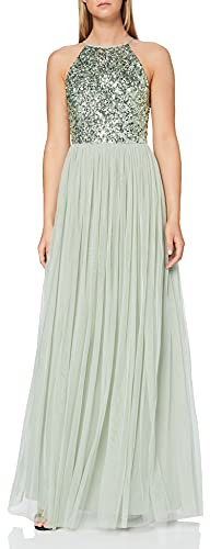 Abendkleid Pailletten Cocktailkleid Damen Tüllkleid Kleid Nackenband Abendkleid Elegant für Hochzeit Brautjungfernkleid