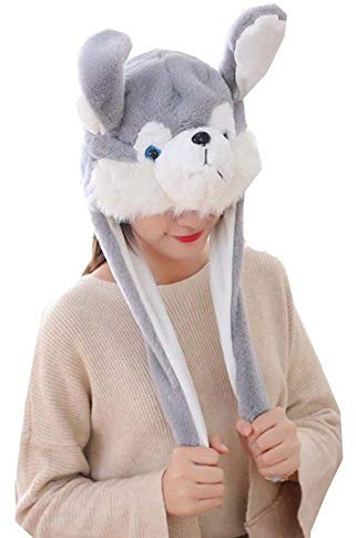 YEKEYI Beweglicher Springhut mit Tierhut, Pop-Up-Ohren, Plüschhut für Frauen und Mädchen, hund, One size