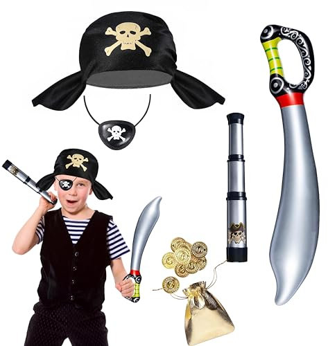 Seawhisper Piratenkostüm Kinder Kostüm Zubehör Pirat Jungen Mädchen Piratenhut Fernrohr Augenklappe Piratensäbel Goldmünze Piratenkopftuch Accessoires Set