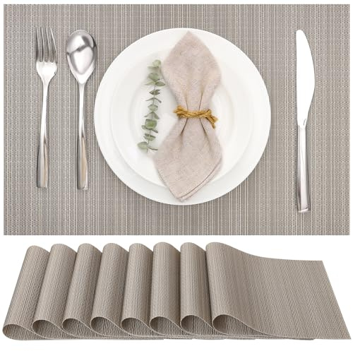 Myir JUN Tischsets abwaschbar Tischsets Platzsets abwaschbar Platzdeckchen | Gewebte Platzset 8er Set rutschfest hitzebeständig Vinyl für Küche Speisetisch Hotel Platz-Matten 30x43.5cm (Silber Gold)