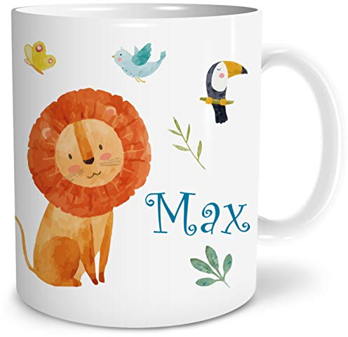 OWLBOOK® Personalisierte Tasse für Kinder Personalisiert Safari Löwe Kinder Tasse Geschenke Geschenkideen für Kinder Junge Mädchen zum Geburtstag Schulanfang Kindertasse Keramik 300 ml