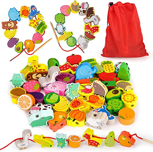 Perlen Fädelspiel, 42 STK Holzperlen zum Auffädeln Holzspielzeug Threading Toy Geburtstagsgeschenk für 1 2 3 Jährige Kinder Lernspielzeug Holzperlen Einfädeln Motorikspielzeug Montessori Spielzeug