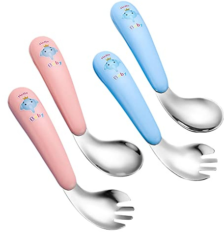 4 Pieza Cubiertos Bebe,Cubertería Infantil,Cuchara Autodidacta,Cubiertos Infantiles Acero Inoxidable,Anime a los niños a desarrollar su propia capacidad para comer