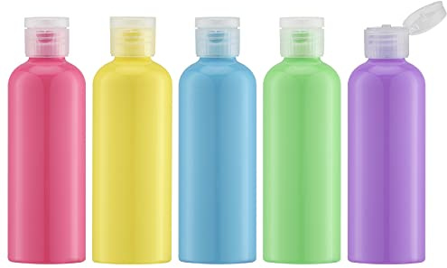 Toureal 100 ml flaska med tom Flip Cap (5 st), påfyllningsbar reseflaska för kosmetika med tratt (mångfärgad)