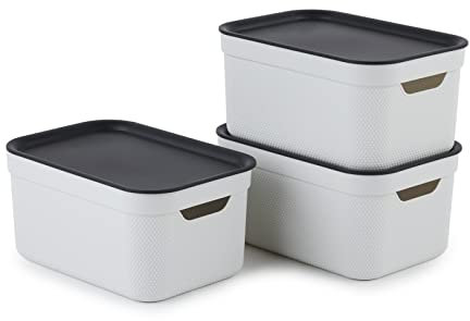 Jive Dekobox 3er-Set Aufbewahrungsbox 5l mit Deckel, Kunststoff (PP recycelt), weiss/anthrazit, 3x5l (26.5 x 18.5 x 13.2 cm)