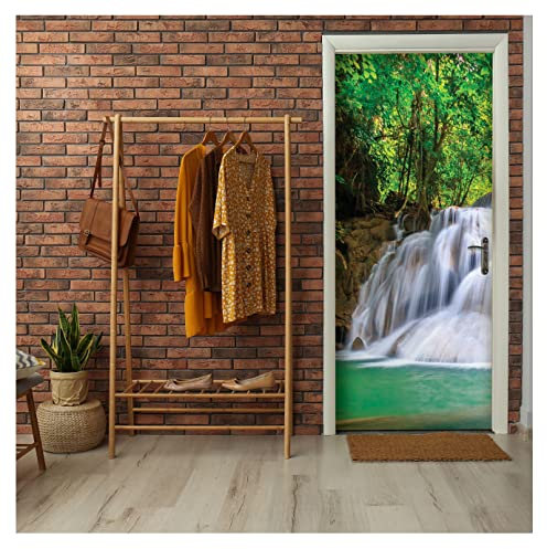 Türtapete Selbstklebend Küche Wasserfall Wald - 91x211 cm einteilig - Türposter Fototapete für Tür Schlafzimmer Badezimmer Türaufkleber Türfolie UV-Beständig Montagefertig