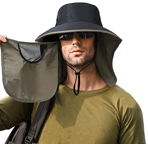 TAGVO Sombrero Pescador Hombre con Máscara Facial de Malla Desmontable Sombreros para el Sol Transpirable ala Ancha con Protección UV Gorros de Pescador Plegable para Senderismo Cámping Jardinería