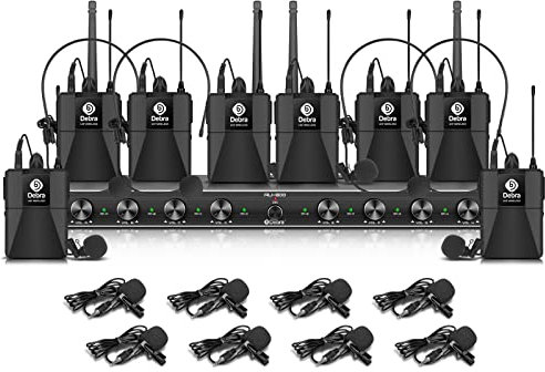 D Debra Audio AU800 Pro UHF 8-Kanal Kabelloses Mikrofonsystem, 8 Bodypack Mikrofone, Metall-Empfänger, Perfekt für Karaoke, Kirche, Party