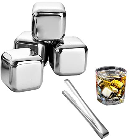 Eiswürfel Edelstahl, Whisky Eiswuerfel Steine, Whisky Kühlstein, 4PCS mit Zange Metall Eiswürfel Whisky Eiswürfel Wiederverwendbar Reusable Ice Cubes Bar Zubehör für Whiskey Bier ​
