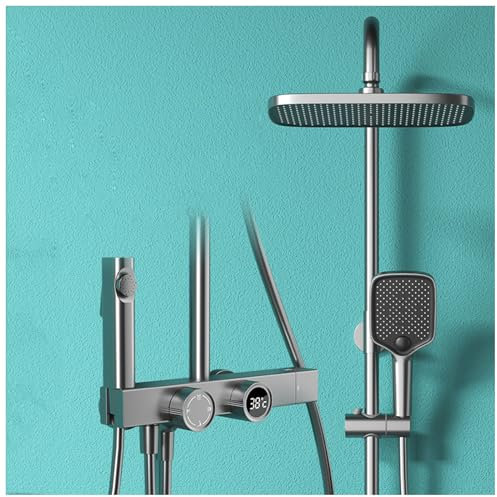 SWHC Duschsystem mit Thermostat, Grau Regendusche Duschset Wandhalterung Duscharmatur Duschstange mit Duschkopf, Handbrause, Armatur Badewanne und Bidet Sprayer