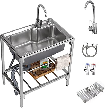 Edelstahl Kommerzielle Spüle Einzelschüssel freistehende Spüle mit 360° Heiß- und Kaltwasserhahn Home Sink für Outdoor Indoor Wäsche