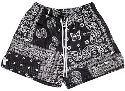 BOOMLEMON Mens Paisley Shorts Mesh Graphic Print Retro Casual Shorts Athletic Gym Basketball Running Short Pants(Black S)