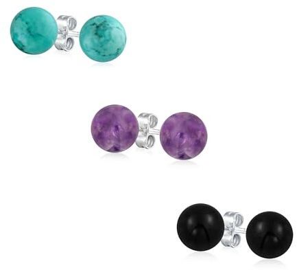Orecchini A Perno Con Sfera Di Perline Rotonde In Pietra Preziosa Naturale Da 8MM In Argento Sterling .925 Per Donne E Adolescenti - Varietà Di Pietre Di Nascita