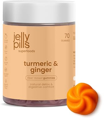 Jelly Pills Gurkmeja + Ingefära & Svartpeppar – 70 Veganska Gummies – Utan Tillsatt Socker – Apelsinsmak – Matsmältning & Inflammationslindring