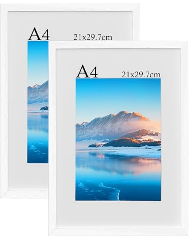 2 Pack White A4 Frames, 21x30 cm Wooden Picture Frames with Mount, For Wall or Table Decoration