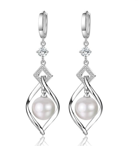 ankbrats 925 sterlingsilver pärlörhängen kreoler, örhängen dam, sötvattenspärlor twist silver kreoler med kubisk zirkonia, lätta örhängen hängande för flickor, Sterlingsilver