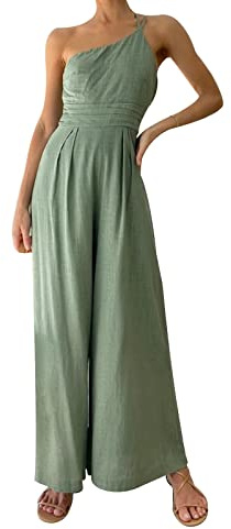 IQYU Playsuits - Tuta estiva da donna, elegante, in lino, in cotone, leggera, tinta unita, elegante, con salopette elasticizzate, con gamba larga