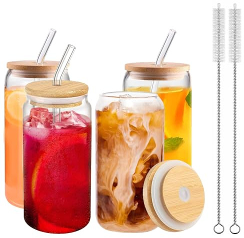 Redomway Eis-Kaffeetassen, Set aus 4 klaren Glastrinkbechern mit Bambusdeckeln und Strohhalmen, kannförmige Trinkbecher für Cocktails, Eiskaffee, Bubble Tea, Milch oder Bier
