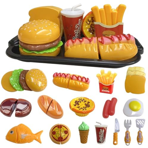 Giocattolo da Cucina per Bambini, Giocattolo da Taglio Rimovibile Fast Food Playset con Hamburger ＆ Combinazione di Patatine Fritte, Giocattolo di Ruolo per Ragazzi o Ragazze