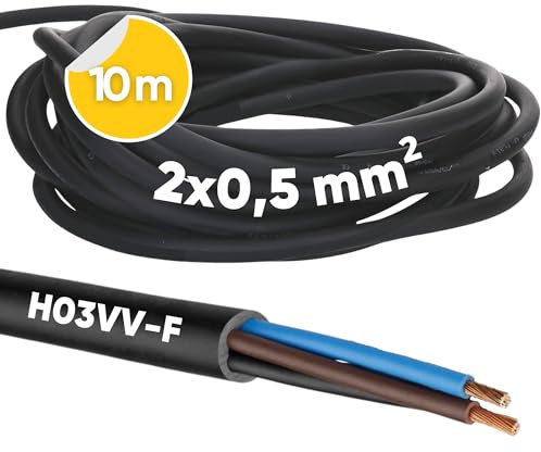 Kalitec 10m H03VV-F Schlauchleitung 2x0,5 mm² - PVC Stromkabel Schwarz | Flexibles Lampenkabel für Innenräume, 2-adriges Elektrokabel ohne Schutzleiter, HAR-zertifiziert, Nennspannung 300V