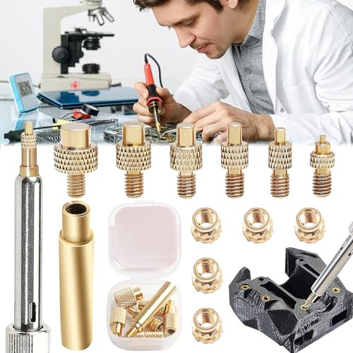 Begpoee 12 Stück Lötkolben Einschmelzhilfe Set, 3D-Drucker-Zubehör Messing Mutter, Lötspitze Aus Messing, Lötspitzen, 3D Drucker Zubehör Lötspitze, Für M2 M3 M4 M5 Innengewinde Rändelmuttern(Gelb)