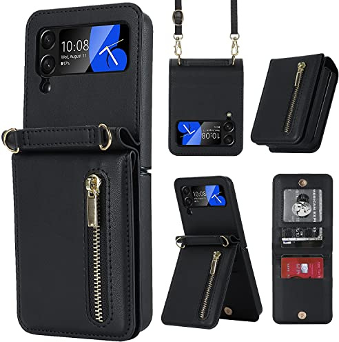 ZHOZEXIN Compatible avec Samsung Galaxy Z Flip 4 Stand, élégant étui de protection en cuir, portefeuille à fermeture éclair, compartiment pour cartes de crédit, portefeuille avec cordon pour Galaxy Z