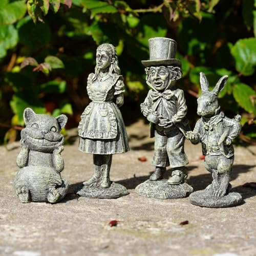 Lot de 4 figurines de jardin Alice au pays des merveilles | Statue de chapelier fou chat du Cheshire, lapin blanc, décoration d'intérieur et d'extérieur