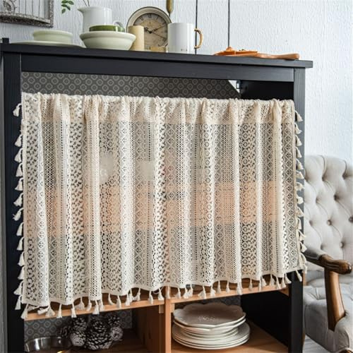 champracer Scheibengardine Landhausstil Kurzgardine Boho Kurze Vorhang Bistrogardine Häkeloptik Scheibengardine Fenstervorhang Baumwolle mit Quasten für Cafe Zimmer (1 Stüick, BxH 150x45cm)