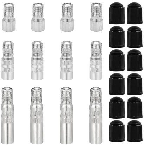 Bamyli 12 Stück Ventilverlängerung Autoventil, Ventilverlängerungen Adapter mit Gewinde 19mm, 27mm, 39mm ventil Verlängerung Adapter Auto mit 12 Reifen Ventilkappen für E Scooter Auto LKW Van Caravan