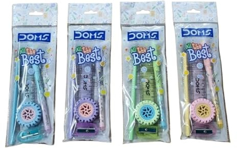 Doms All The Best Stationery Kit| Includes 1 Each- Inxify Plus Ballpen Blue Ink, 15 Cm. Scale, Triangle Pencil, Long Point Sharpener & Tyre Eraser| Exam Essential Kit For Children| Pack of 10