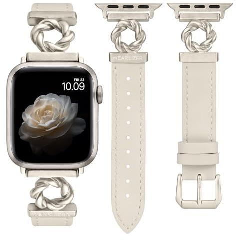 Wearlizer Leather Strap Compatible with Apple Watch Straps Women 38/40/41/42/44/45/46/49mm, Dressy Fancy Designer Camellia Flowers Buckle Strap for iWatch Series 11/10/9/8/7/6/5/4/3/2/1/SE/Ultra 2