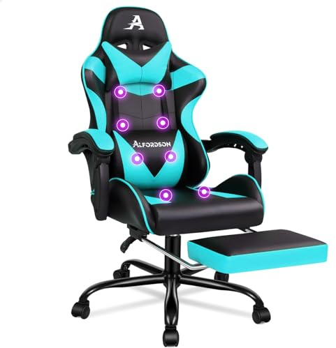 ALFORDSON Kontorsstol med massage, spelstol, ergonomisk, med fotstöd, svängbar ländryggskudde, lastkapacitet 180 kg, cyan