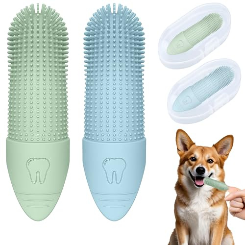 Dog Finger Toothbrush Set of 2 with Storage Boxes, 360° Bristles Toothbrush for Dogs and Cats, Puppy Toothbrush for Gentle Pet Teeth Cleaning, Soft Silicone Dog Teeth Brush in Green and Blue