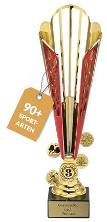 Pokal mit Gravur Wunschtext, Gold & Rot, Sportemblem nach Wahl | Personalisierte Auszeichnung für Fußball WM & Sport Events, inkl. Marmorsockel, Größen 32/33,5/35,5 cm