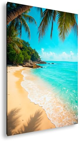 deyoli Leinwandbild Paradiesstrand – Türkises Meer und Palmen im Sonnenschein. Format: 70x50cm XXL Kunstdruck Bild auf Holzrahmen/Wandbild/Wohnzimmer Dekoration