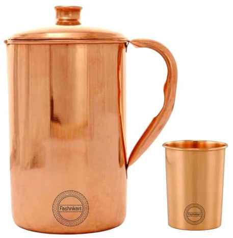 Brocca di rame per acqua potabile fatta a mano con 1 tazza di vetro per i benefici per la salute dell'Ayurveda Brocca di rame tradizionale per bere 1,5 litri 50,7 once