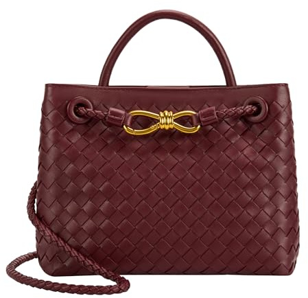 Gewebte Tragetasche für Damen, Leder, Schultertasche, Designer-Handtasche mit Tragegriff oben, Burgunder, Medium